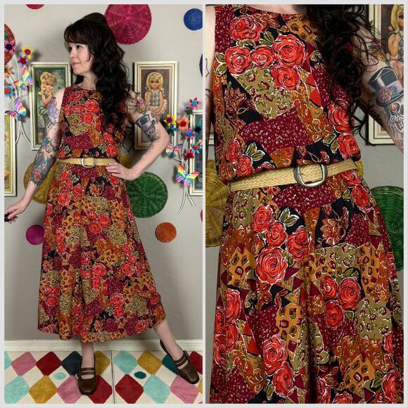 Vintage Dresses & Skirts - Vintage 1980s Sleeveless Floral and Patchwork Print Belted Midi Dress